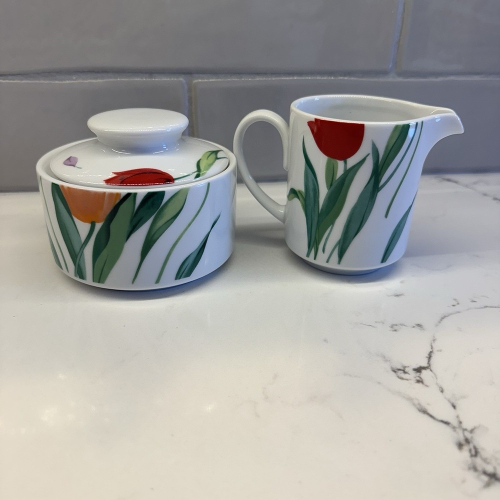 Studio Nova Flourish Tulip Print Sugar Bowl with Lid & Matching Creamer - Picture 3 of 11